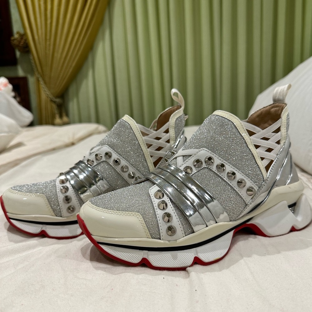 Christian Louboutin White and Silver Sneakers